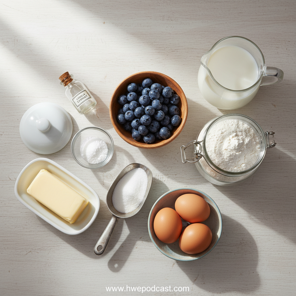 Ingredients for blueberry muffins laid out on a counter
