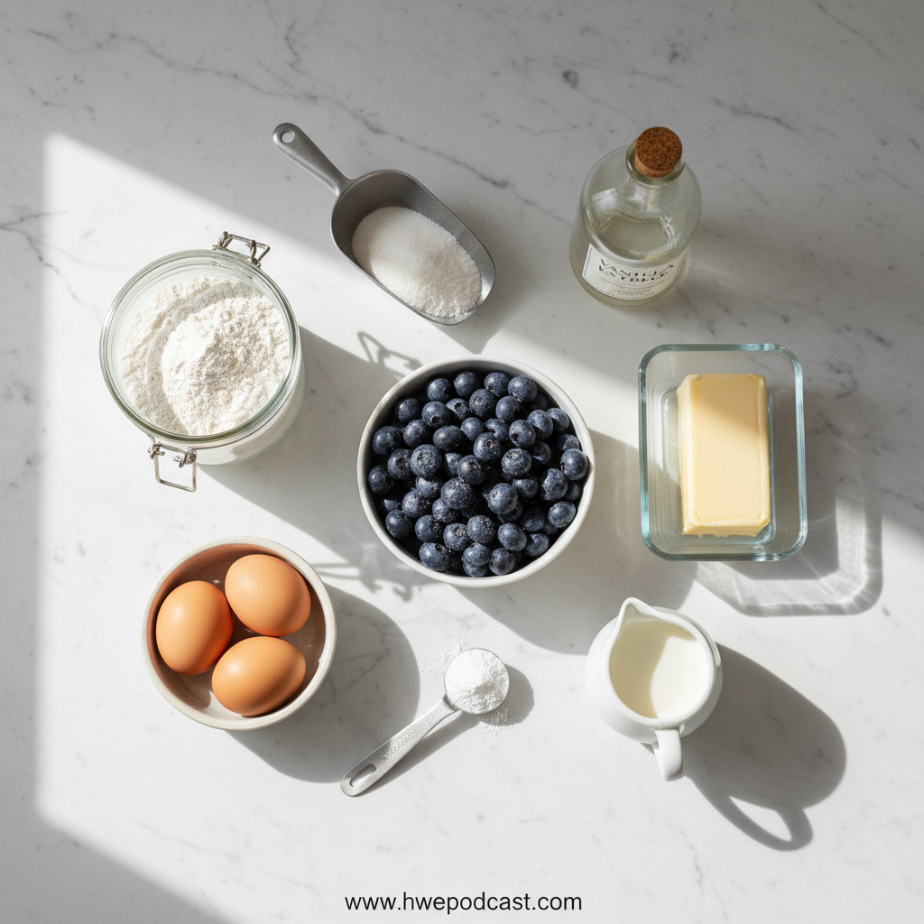 Ingredients for blueberry muffins laid out on a counter