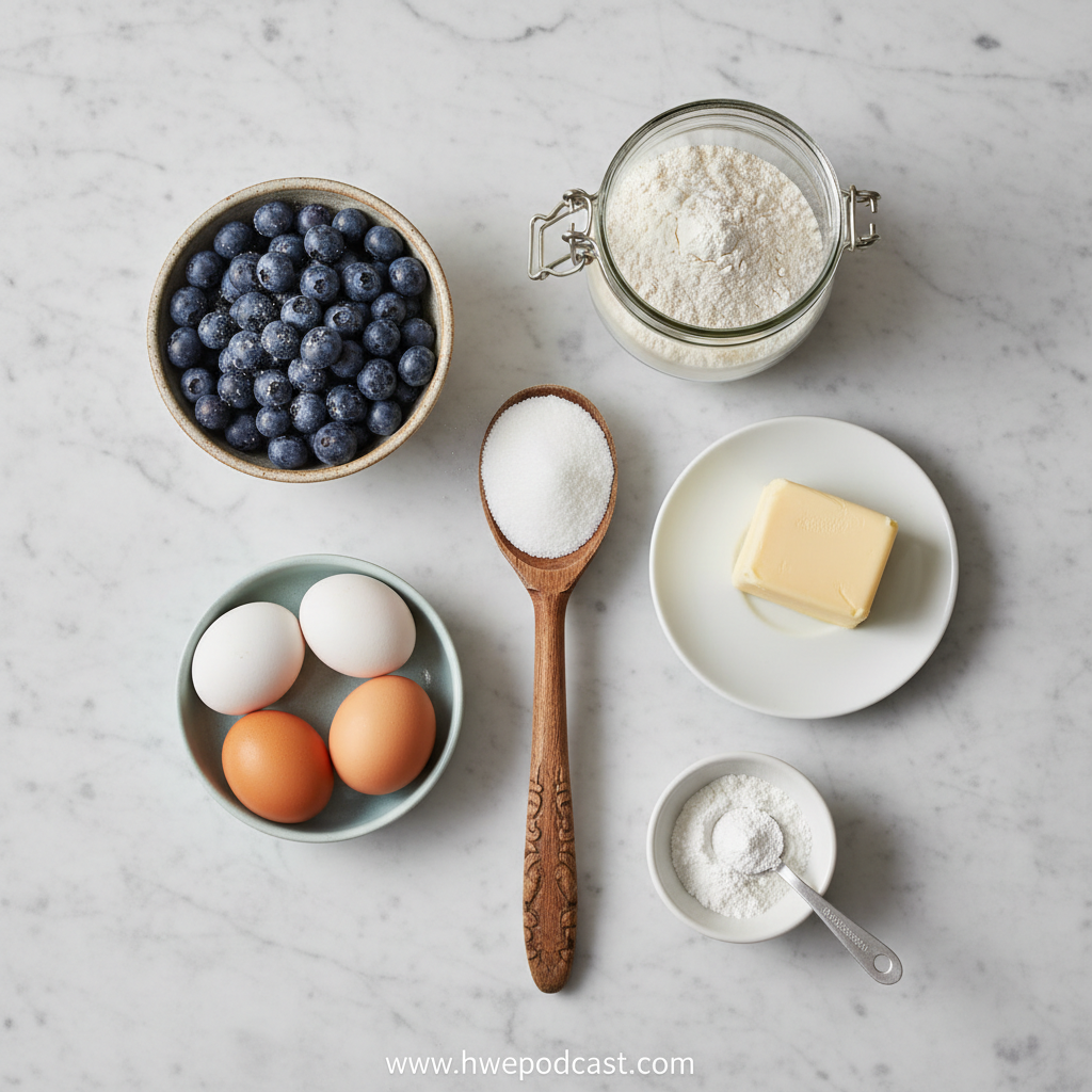 Ingredients for blueberry muffins with crumble topping