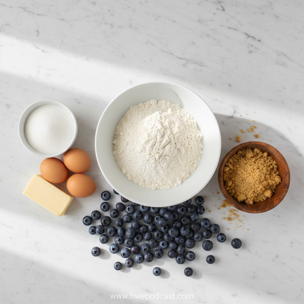 Ingredients for blueberry muffins with crumble topping