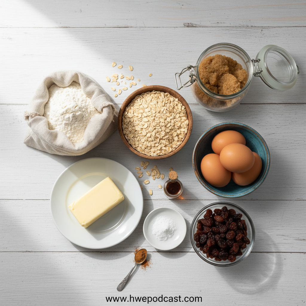 Ingredients for chewy oatmeal cookies