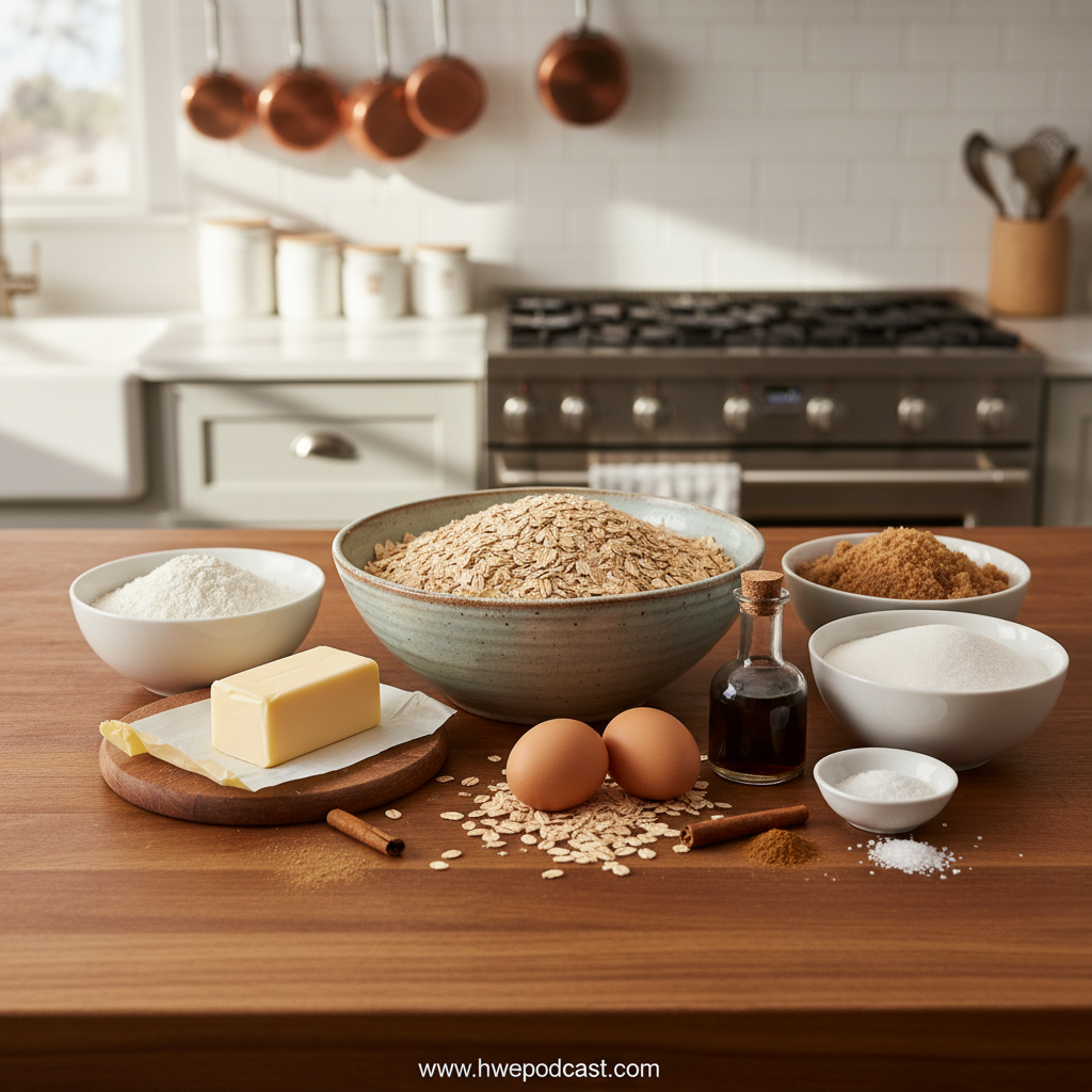 Ingredients for chewy oatmeal cookies