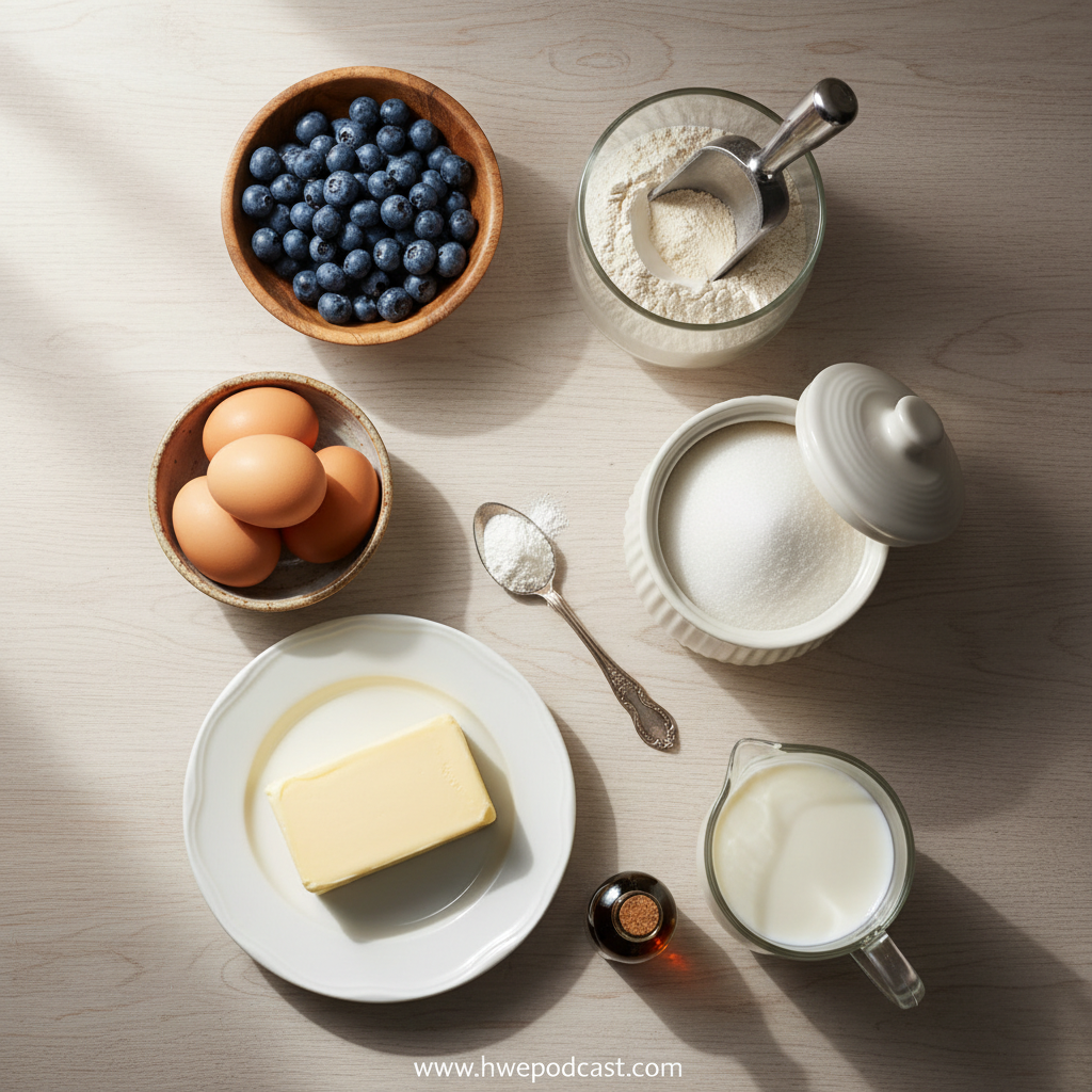 Ingredients for blueberry muffins: flour, sugar, blueberries, eggs, and more