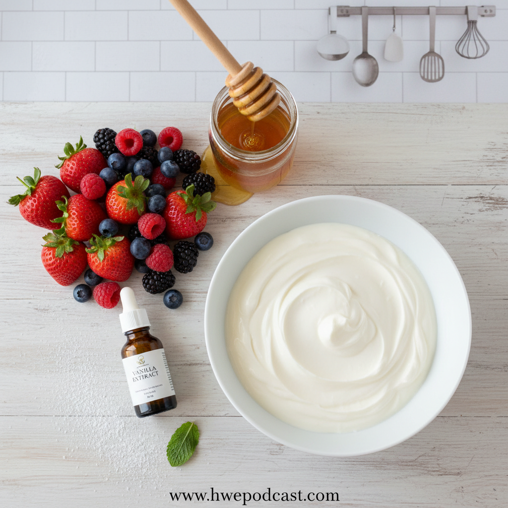 Ingredients for homemade frozen yogurt: yogurt, honey, and fresh fruit