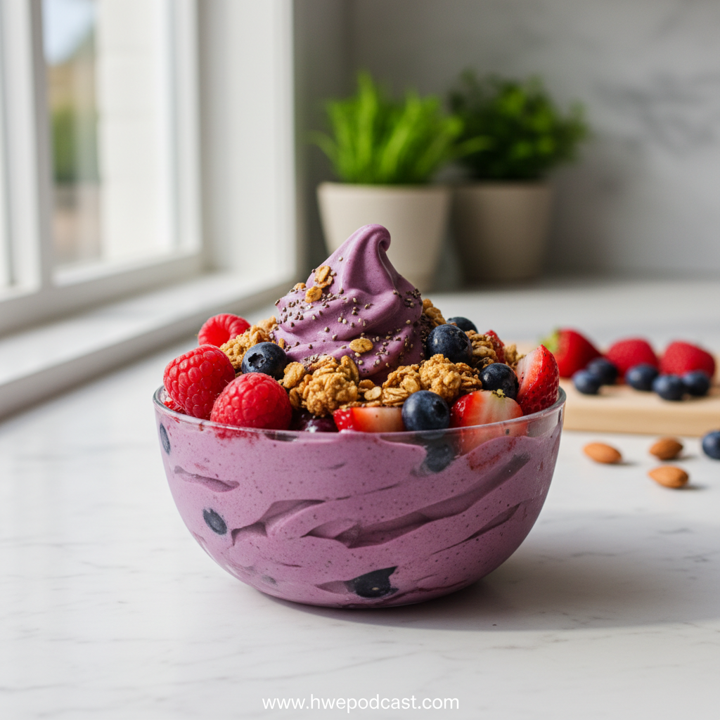 Healthy frozen yogurt in a bowl with fresh fruit toppings