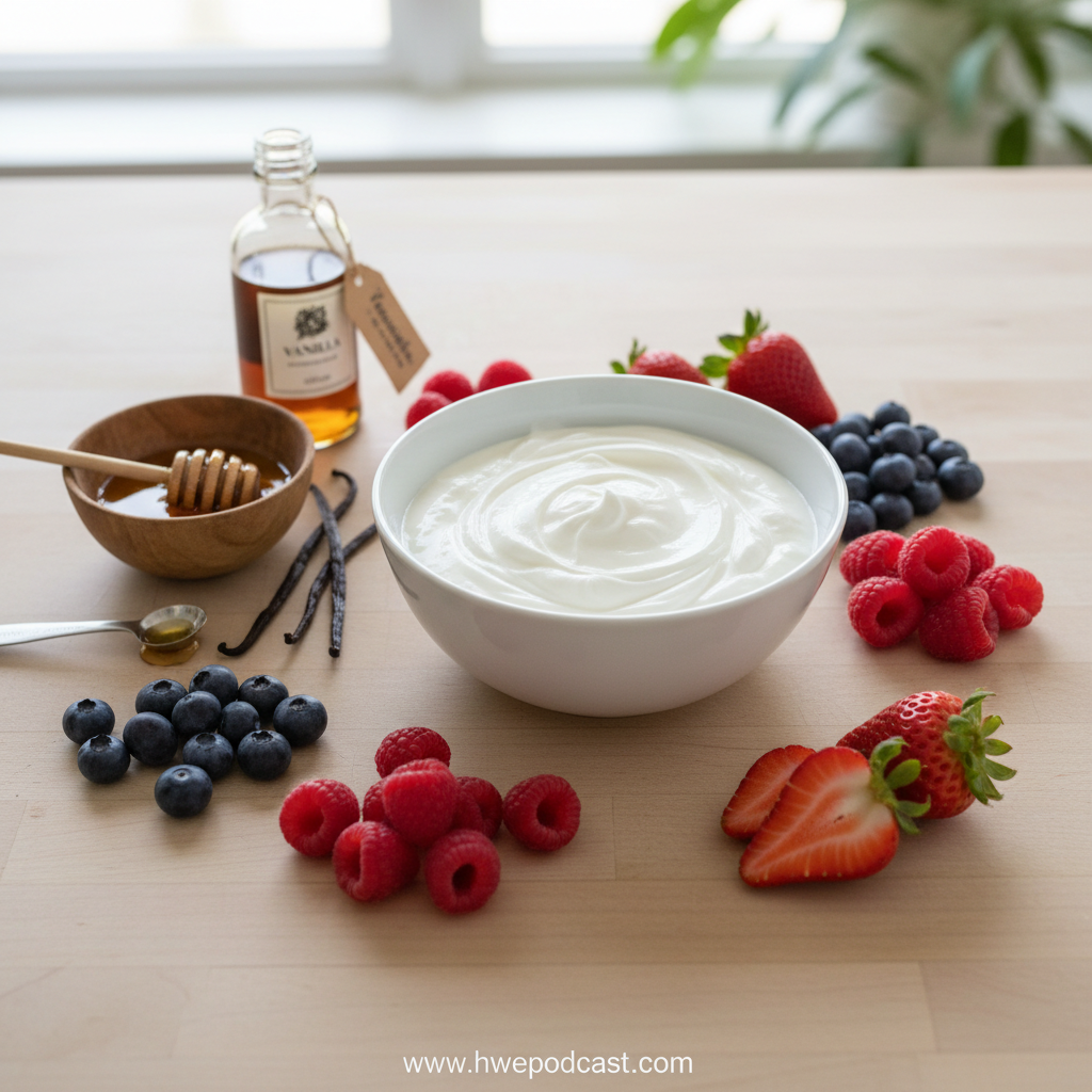 Ingredients for healthy frozen yogurt: yogurt, fruit, honey, and toppings