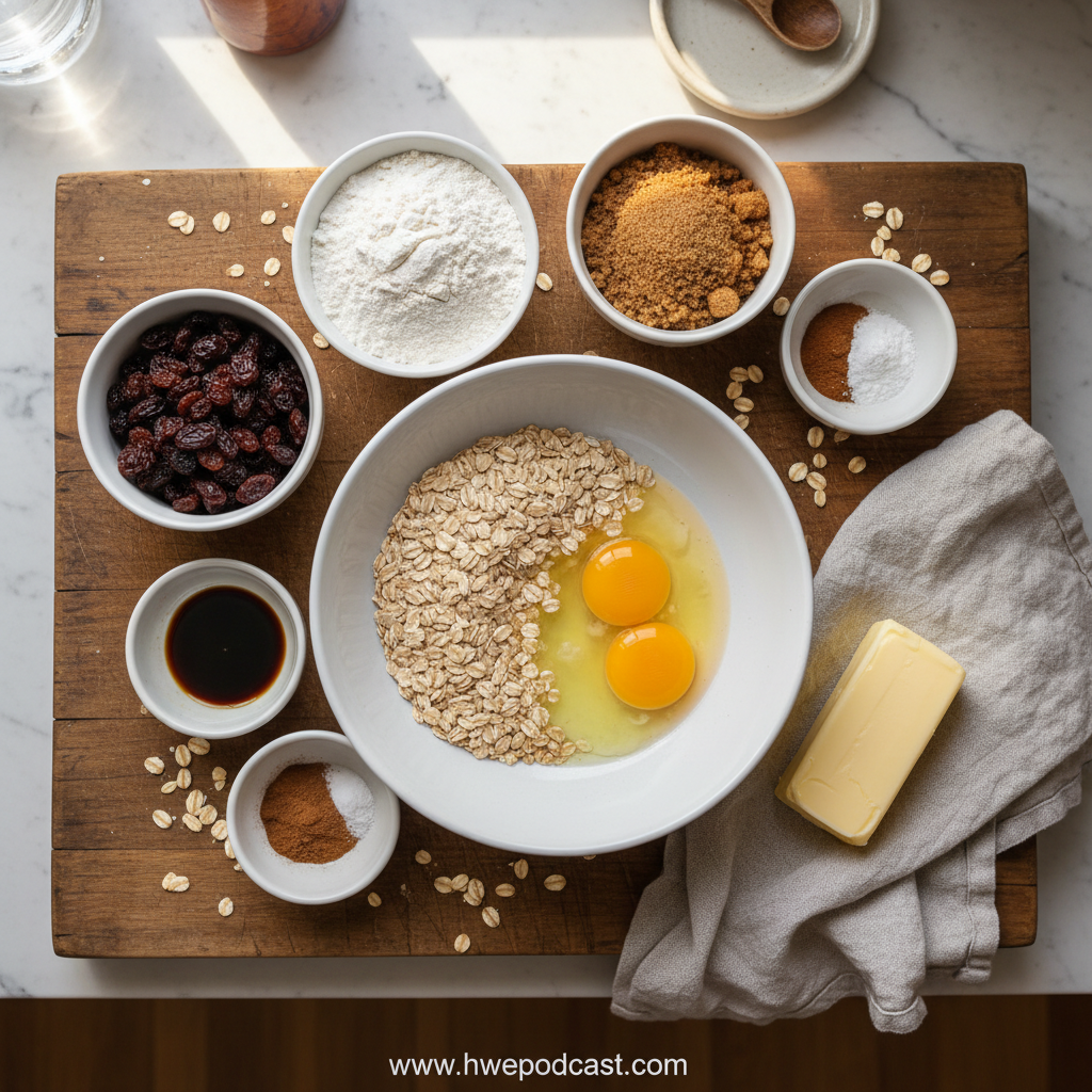 Ingredients for oatmeal cookies laid out on a counter