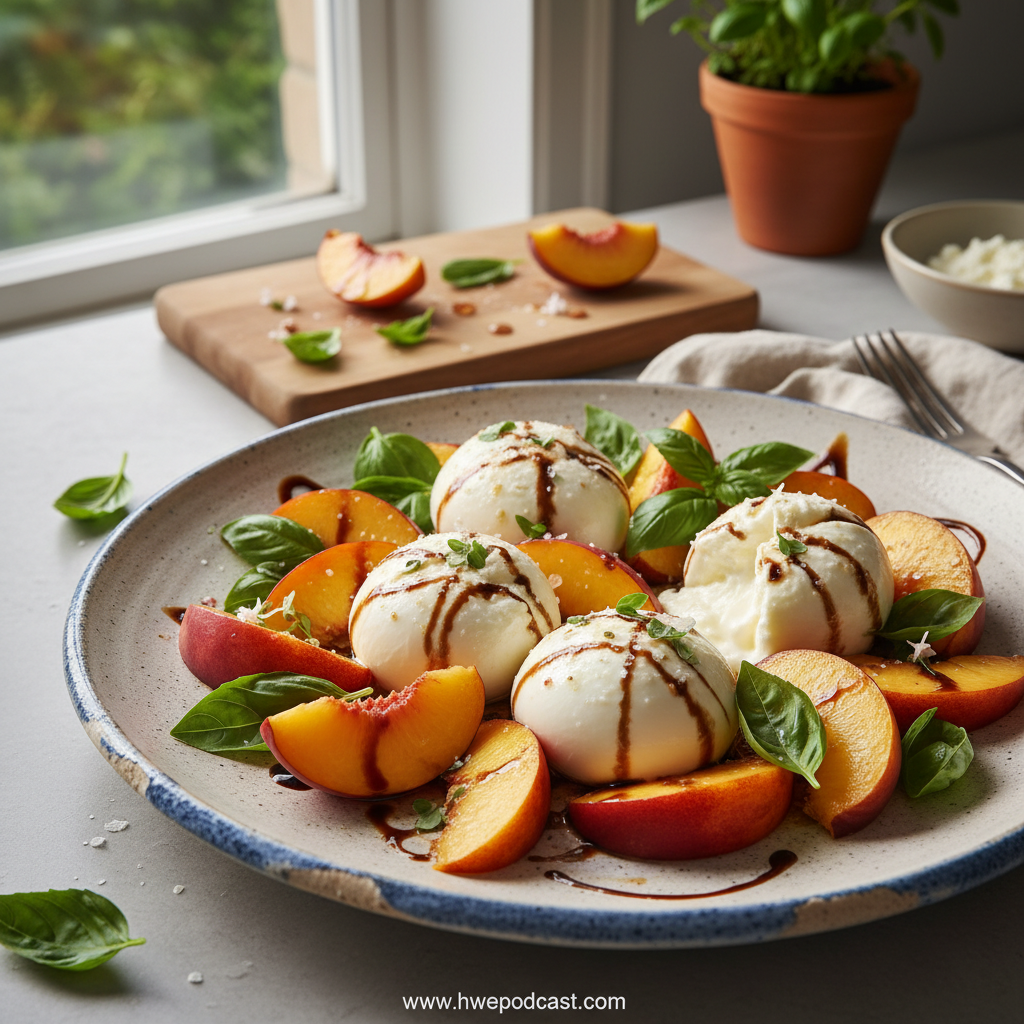 Summer Peach Burrata Salad served in a bowl