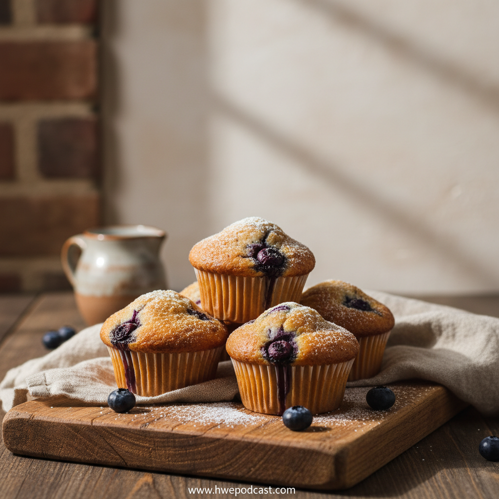 Golden topped blueberry muffins on a cooling rack
