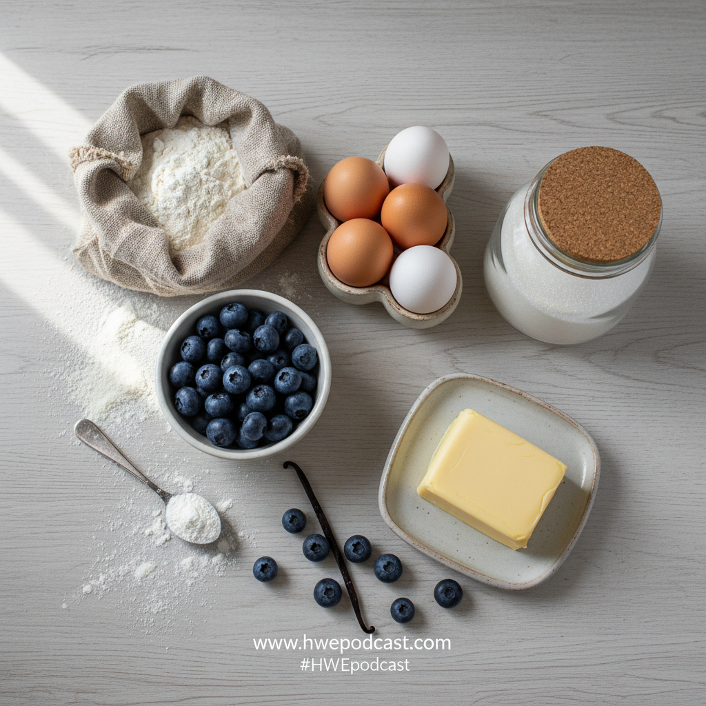 Ingredients for blueberry muffins laid out on a counter