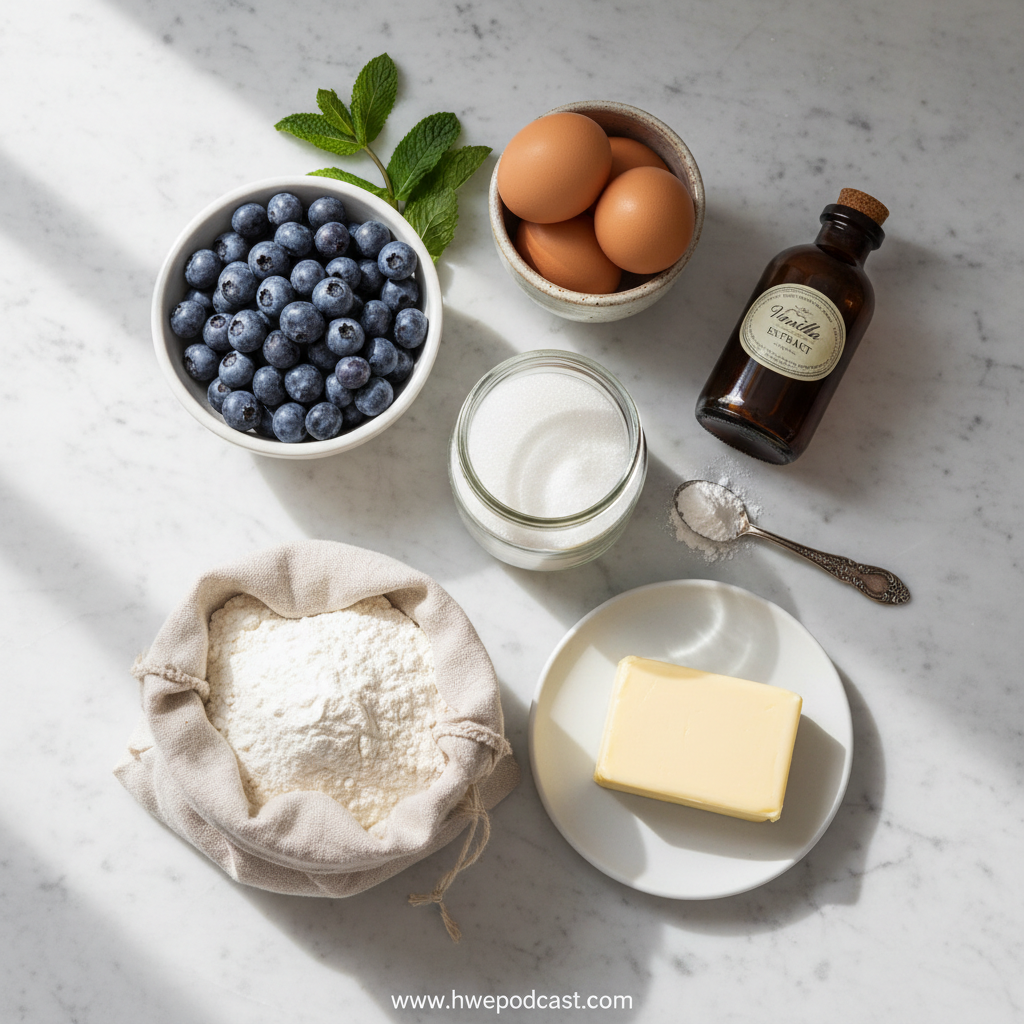 Ingredients for blueberry muffins laid out on a counter