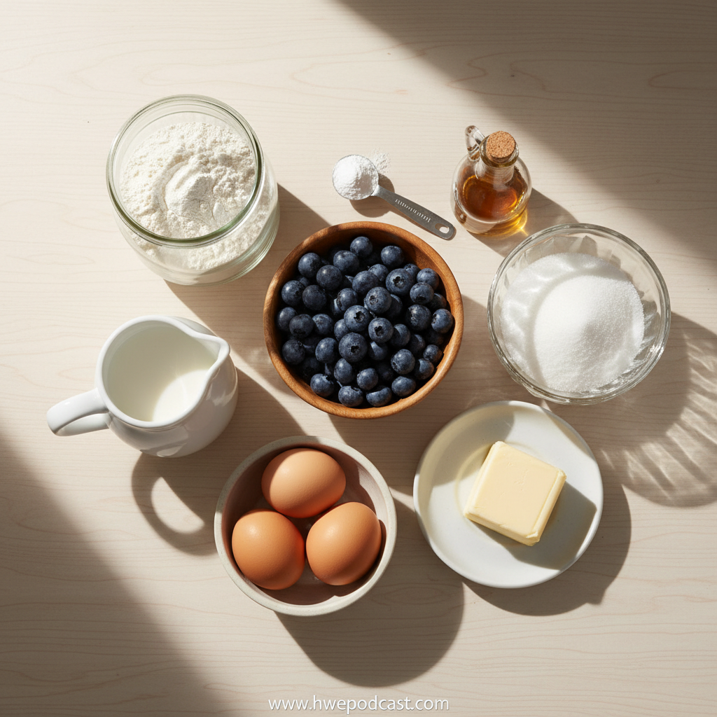 Ingredients for blueberry muffins laid out on a counter
