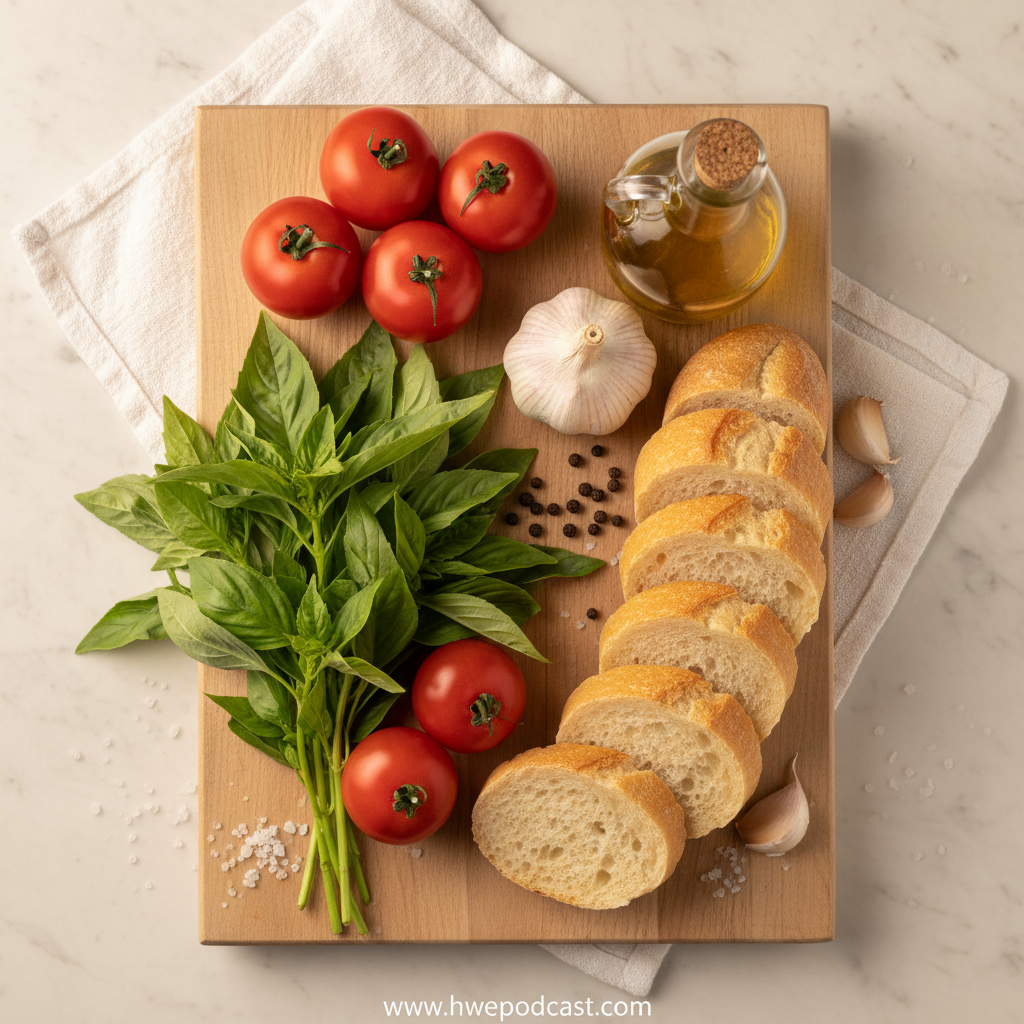 Fresh ingredients for Tomato Basil Bruschetta