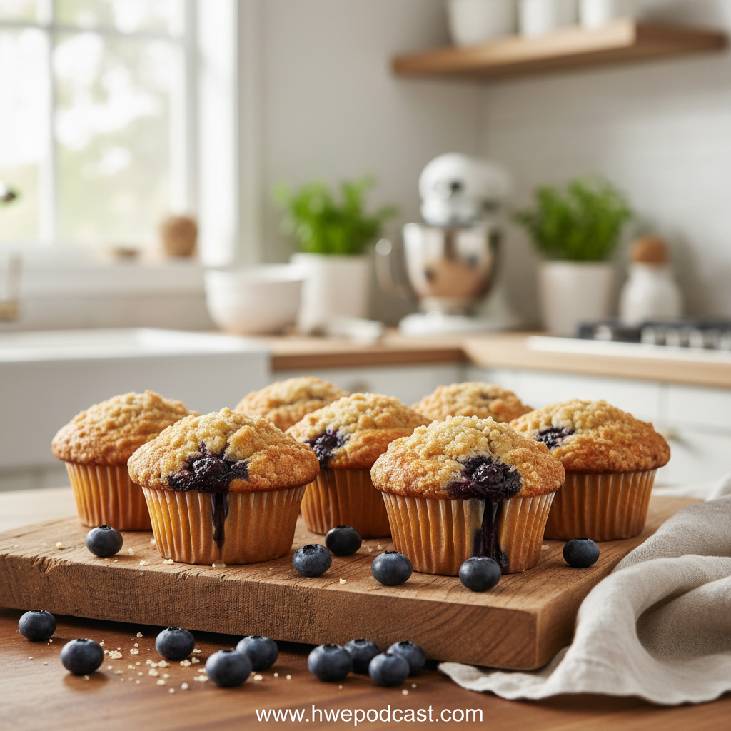 Blueberry muffins with crumble top on a wooden board
