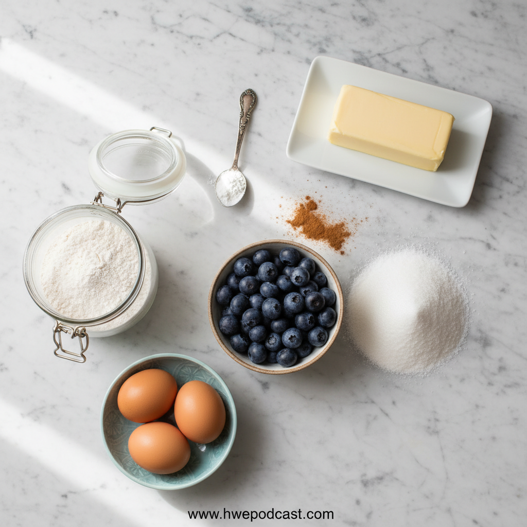 Ingredients for blueberry muffins with crumble top