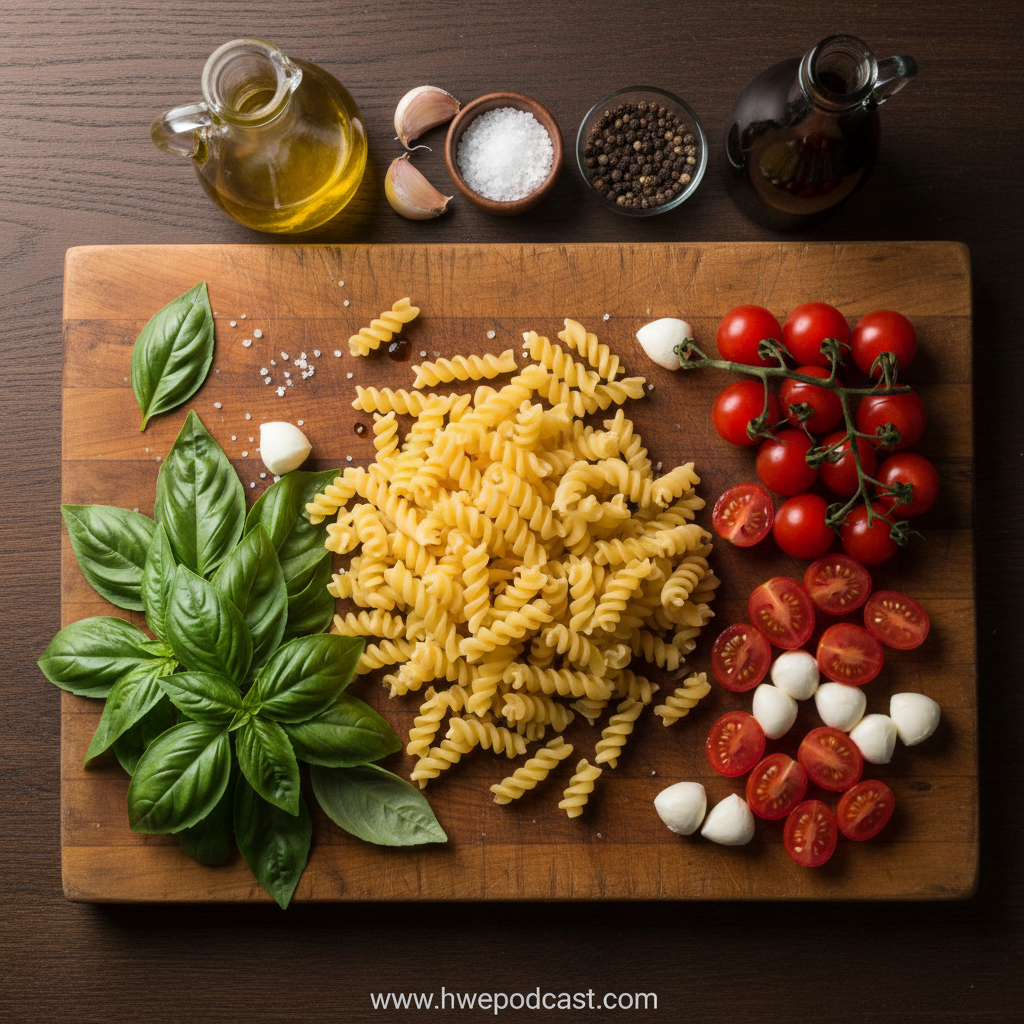 Ingredients for Easy Creamy Caprese Pasta Salad