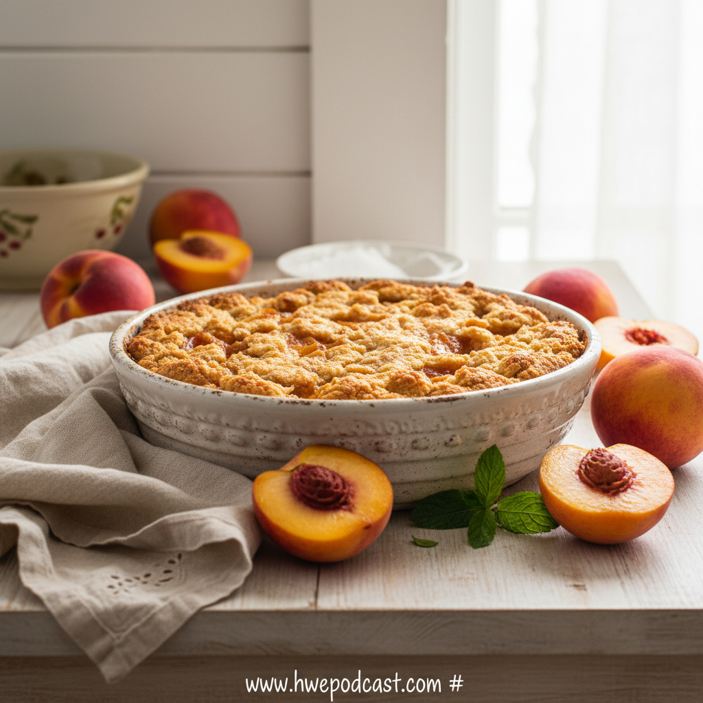 Joanna Gaines Peach Cobbler in a baking dish