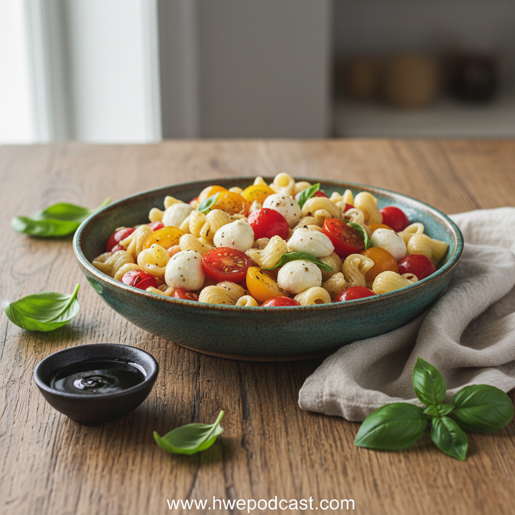 The best Caprese pasta salad served in a bowl