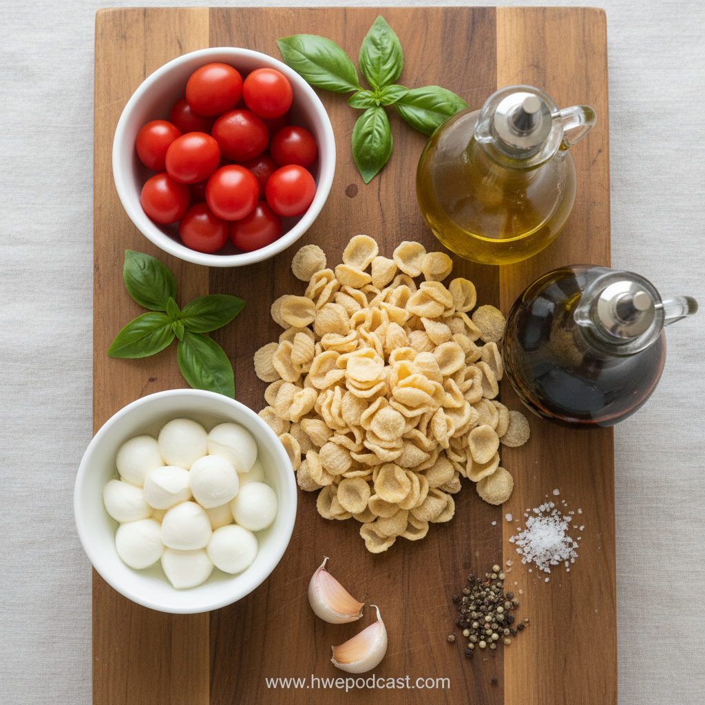 Ingredients for Caprese pasta salad