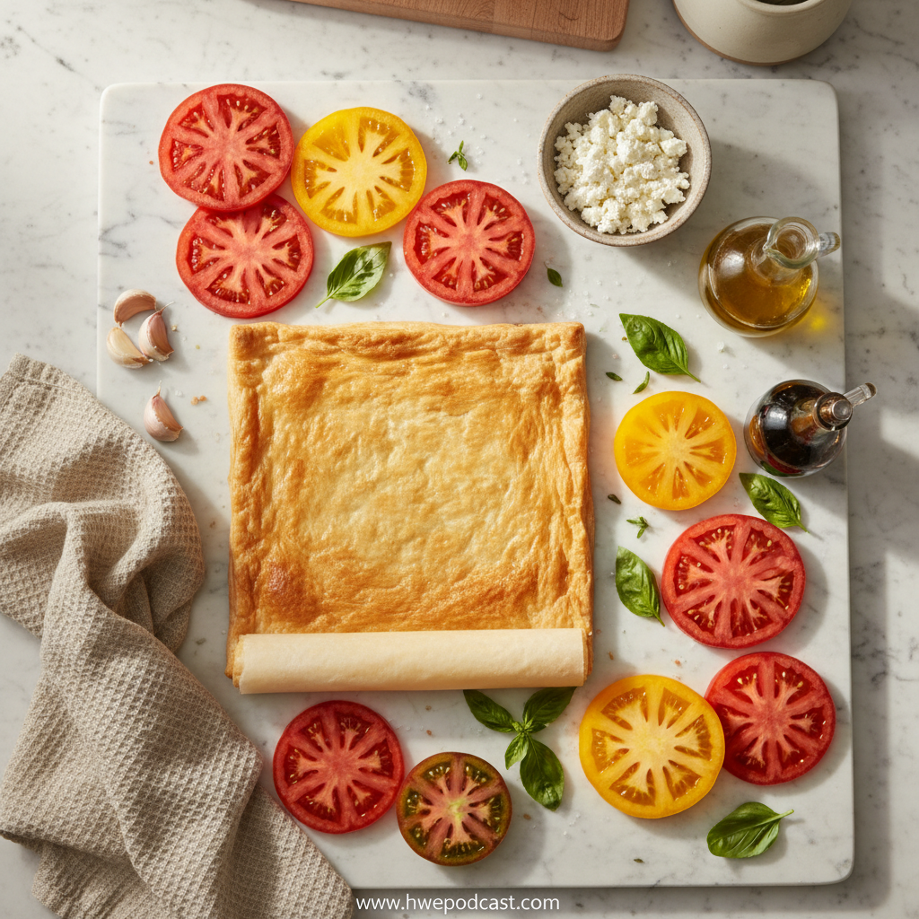 Fresh ingredients for the tomato tart including tomatoes, herbs, and pastry dough.